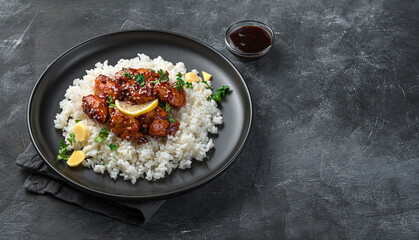 Traditional Japanese teriyaki chicken with rice, sesame seeds and fresh herbs on a dark background.