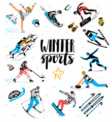 Vector flat set with athletes in motion. Lettering winter sports. Ski mountaineering, luge, ski jumping, snowboarding, freestyle, skeleton, Curling, figure skating, ice climbing, speed skating, hockey