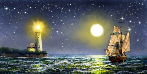 Digital oil paintings sea landscape, fine art, lighthouse on the beach, sky with stars and clouds, old ship, night in the sea