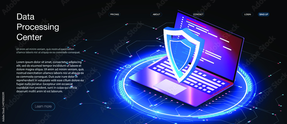 Poster network data security isometric. online server protection system concept with data center or blockch