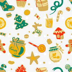 Doodle Christmas mood seamless pattern. Christmas treats, white background. Homemade sweets, honey, dried fruits, lollipops, gingersnap, figured pastries. Bright packaging delicious New Year food