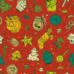 Doodle seamless pattern gift paper. Pastries, cookies with glaze, pretty figures, homemade sweets. Red background, colorful Christmas treats. Bright packaging delicious New Year food.