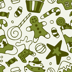 Homemade sweets doodle seamless pattern gift paper. Green Christmas treats, white background. Holiday mood, cute cloth. Winter decoration. Pastries, cookies with glaze, pretty figures. New Year vector