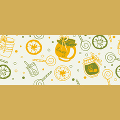 Organic food. Doodle seamless pattern paper. A honey can with a bee, citrus dried fruits, Christmas gift. Winter holidays decoration vector. Bright packaging delicious New Year treats. Honey gift.