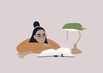 A young female Asian character leaning on arms and reading a book, educational process, a university student preparing for the exams in the library