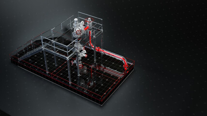 digital hologram of hi tech artifical lift oil machine with shiny glass and valves. metaphor for data is the new oil, data mining digital industry AI 3d rendered illustration.