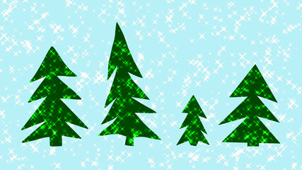 Christmas background - four triangular green Christmas trees on a blue background are strewn with stars, copy space