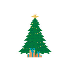 Christmas tree and gifts on a white background. In flat design.