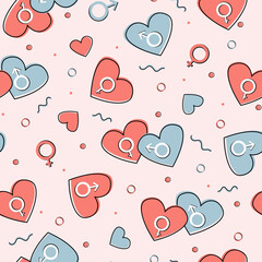 Seamless pattern with loving hearts and male and female gender signs in pink and blue. Decoration for Valentine's Day. Vector graphics.