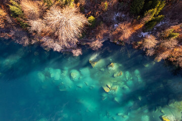 Fototapeta na wymiar Aerial View of Crestasee Lake in Switzerland in the Fall