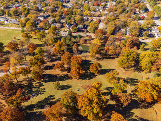 Aerial view of the beautiful fall color of the Owen Park