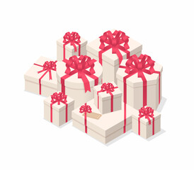 Stack of isometric 3d holiday presents isolated on white background. Big group of greeting gift boxes. White packages with red ribbon bows vector isometric illustration. Happy holidays decor elements.