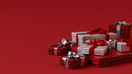 Luxury Red and White Christmas Gifts on a Red Background.