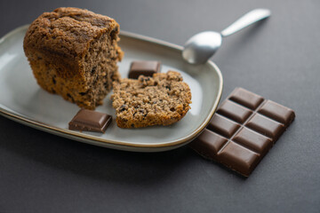 food photography: a small piece of cake on a stylish plate with a piece of chocolate