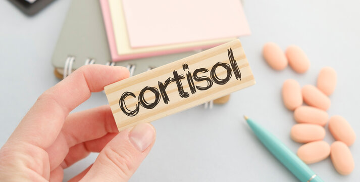 Doctor holds wooden block in his hands with text CORTISOL