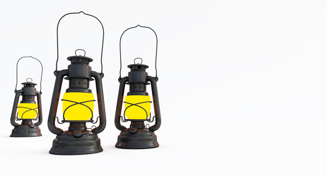 3D render of tree black kerosene lamp isolated on white background, Vintage black lanterns.