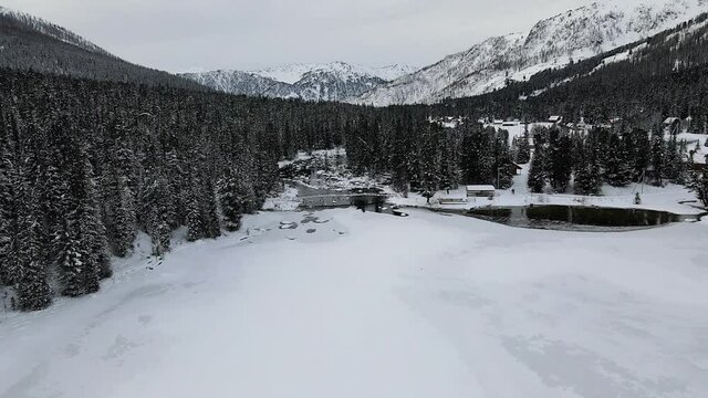 Aerial view of snow mountain and river