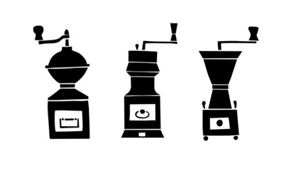 Set of vector images of three coffee grinders. Coffee, cafe, coffee shop. Isolated. Vintage, grunge, illustration, flat design. Black on white