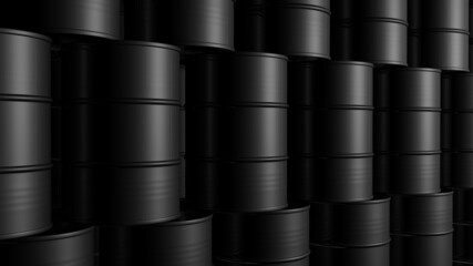 Black oil barrels. Background. 3d illustration.