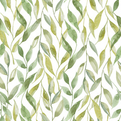 Watercolor hand-drawn floral background seamless pattern with spring green leaves. Isolated on white background. For fabric, textile, print, bedding, wrapping paper, decoration for wear.