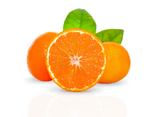 Tangerine or Mandarin fruit with leaves isolated on white background