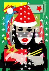 Sexy Santa girl pop art New Year background with stars