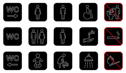 Set of WC Line Icon. Toilet Room Sign. Mother and Baby Room. Public Washroom for Disabled, Male, Female, Transgender Outline Pictogram. No smoking Sign. Editable Stroke. Vector Illustration