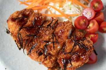Tonkatsu pork cutlet with vegetables salad, Japanese food on gray background