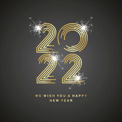 Happy New Year 2022 modern new trendy golden pop line design typography abstract numbers white sparkler logo icon black background vector