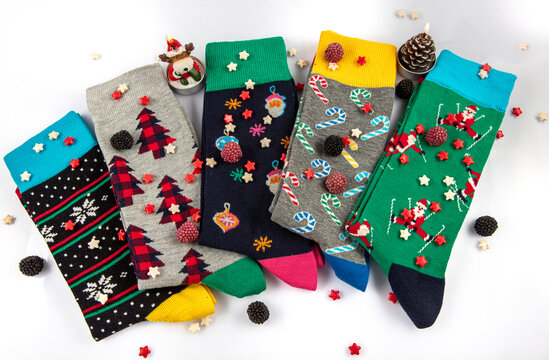 Christmas Socks concept. colorful xmas socks. red, green, dark green color. Design decoration element, isolated.