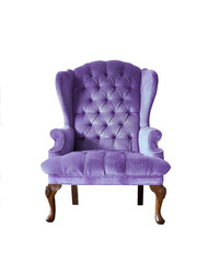 Isolated violet armchair. Vintage velvet armchair on white background. Insulated furniture