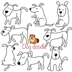 Doodle Cartoon dog illustration set in different poses. Cute sitting, running and lying vector dog isolated on white background