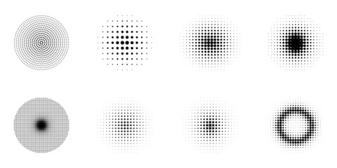 Fototapeta premium Halftone Gradient Circles Pictogram Set. Abstract Halftone Dots Pattern. Round Gradient Geometric Black and White Circle Texture. Raster Round Retro Dots. Isolated Vector Illustration