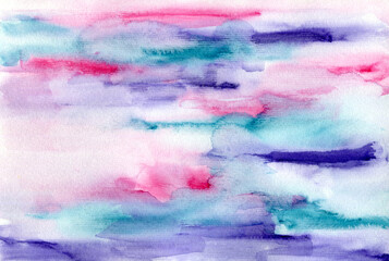 Abstract bright painting pink, purple and turquoise blue wet watercolor background. Unique striped watercolour illustration for banner design, greeting cards, surface