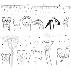 Animal cartoon set isolated on white background. Collection of cute linear animals for kids painting, poster, placard and wallpaper. Creative art animals, vector illustration