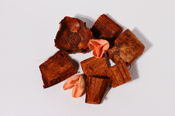 Natural dry bark, pieces of wood and wooden flower