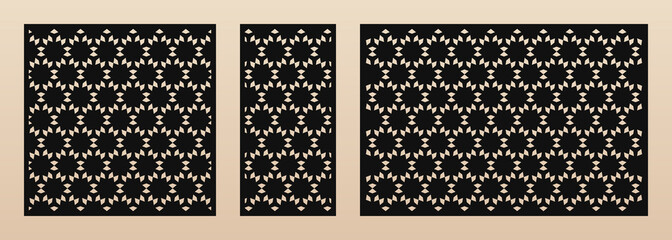 Laser cut pattern set. Vector design with elegant geometric ornament, abstract grid, floral silhouettes. Template for cnc cutting, decorative panels of wood, metal, plastic. Aspect ratio 3:2, 1:2, 1:1