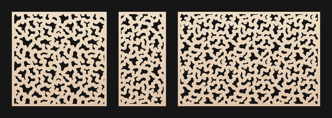 Laser cut pattern set. Decorative panel for laser cutting, cnc. Cutout silhouette with abstract geometric texture, fluid organic shapes. Stencil for wood, metal, paper. Aspect ratio 1:1, 1:2, 3:2