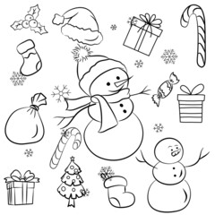 Hand drawn snowman for Christmas on white background. Vector illustration.