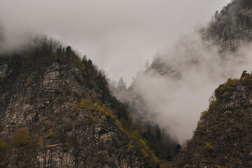 Rocks, forests and meadows covered with fog in an alpine mountain world in Switzerland
