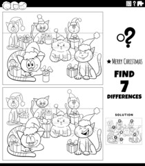 differences game with cats on Christmas time coloring book page