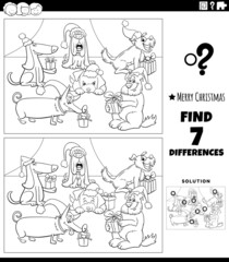 differences game with dogs on Christmas time coloring book page