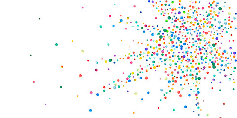 Watercolor confetti on white background. Alive rainbow colored dots. Happy celebration wide colorful bright card. Astonishing hand painted confetti.