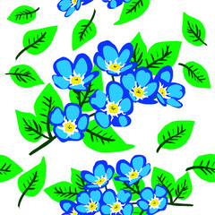 Seamless blue flowers and loose leaves pattern, floral pattern texture, white background. Vector illustration.