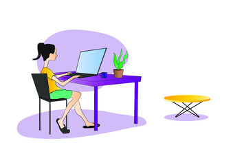Home office vector illustration. Modern concept digital illustration home office quarantine metaphor, a cartoon character, woman working at home sitting at desktop computer. Creative opening web page