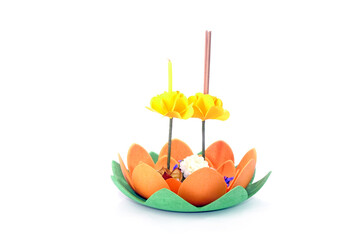 Krathong in lotus flower-shape for Loy Krathong festival. Biodegradable Krathong made from tapioca starch. Krathong isolated on white background