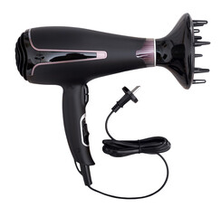 Closeup of black modern electrical hair dryer on a wooden table