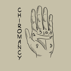 Fototapeta premium Vector illustration of open hand with sun tattoo, alchemy symbol. Geometric abstract graphic with occult and mystic sign. Linear logo and spiritual design Concept of magic, palm reading