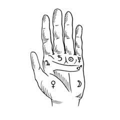 Fototapeta premium Vector illustration of open hand with sun tattoo, alchemy symbol. Geometric abstract graphic with occult and mystic sign. Linear logo and spiritual design Concept of magic, palm reading