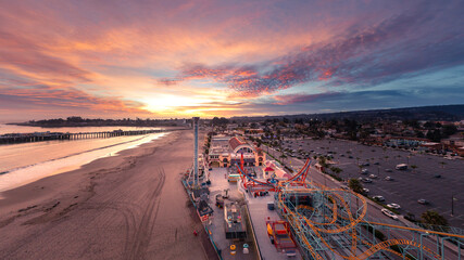 Santa Cruz Boardwalk Aerial View at Sunset, California